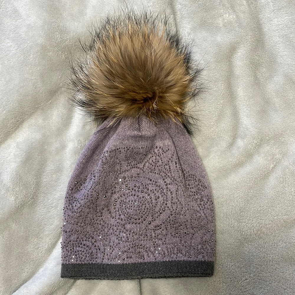 Studded Knit Wool Fur Pom Hat